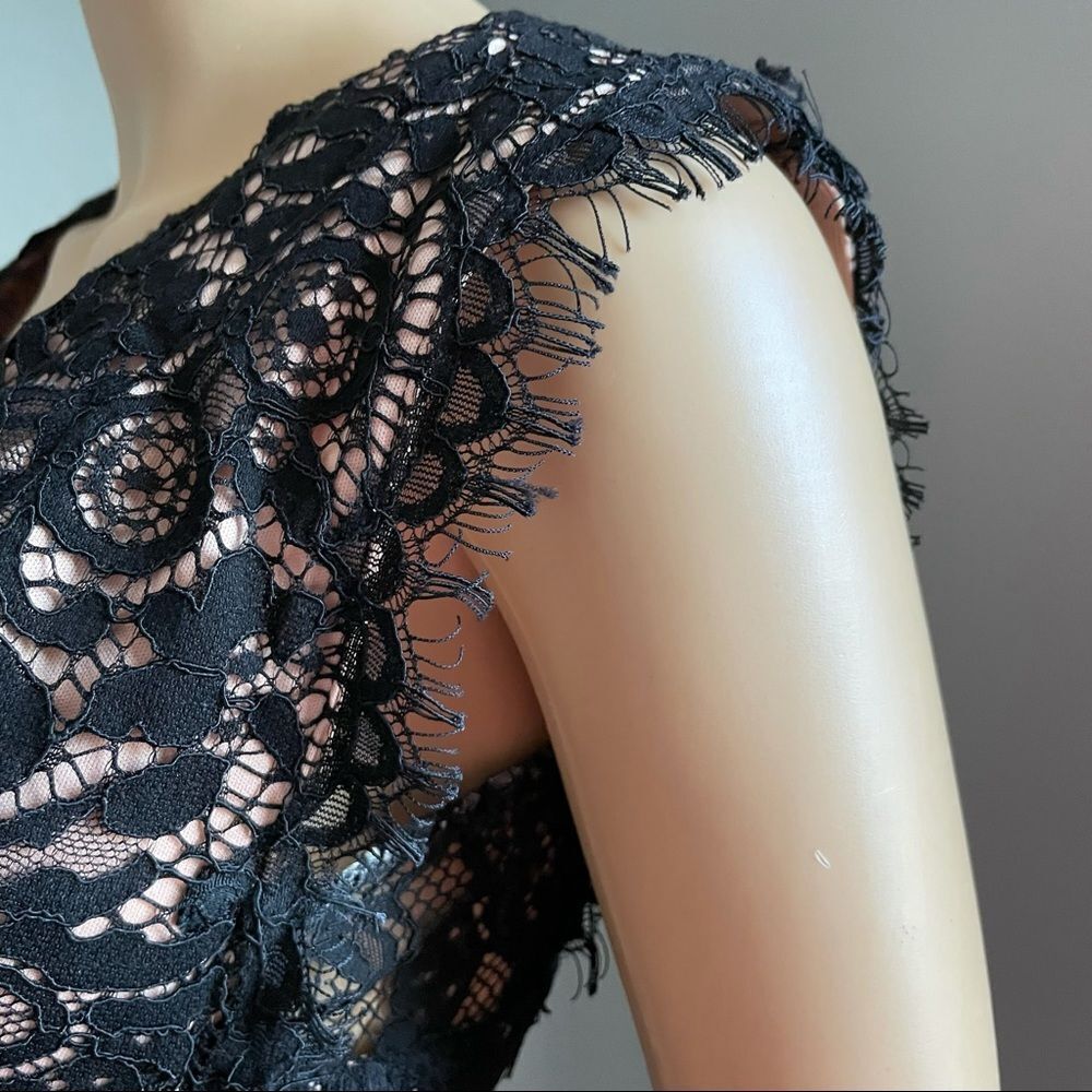 Just Me Sleeveless Plunging Neckline Mini Dress Black Lace Over Nude Size Small - Picture 6 of 14